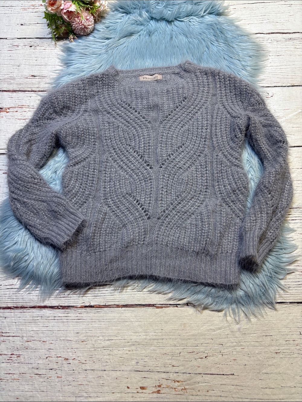 Philosophy Soft Light Gray Cable Knit V-Neck Sweater sz XS
